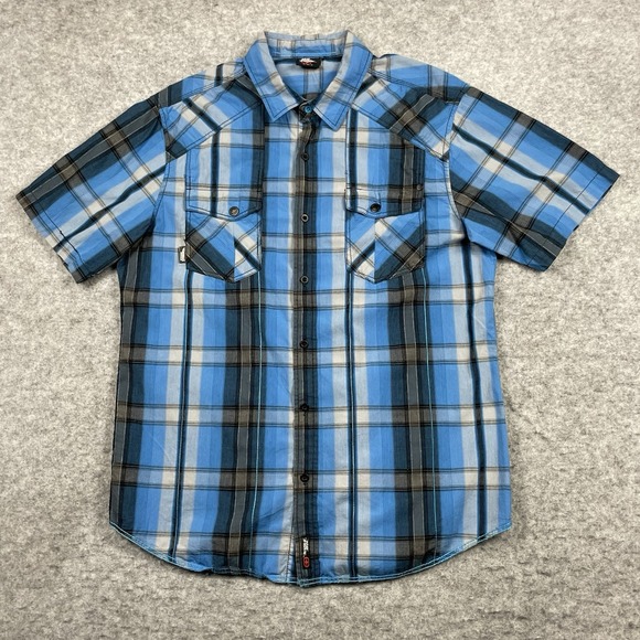 No Fear Shirt Mens Large Blue Plaid Short Sleeve Button‎ Up Y2k Grunge - Picture 1 of 7
